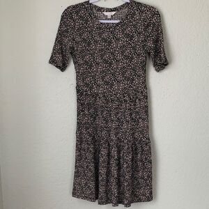 LC Lauren Conrad Black Pink Floral Tiered Crew Neck Short Sleeve Size S